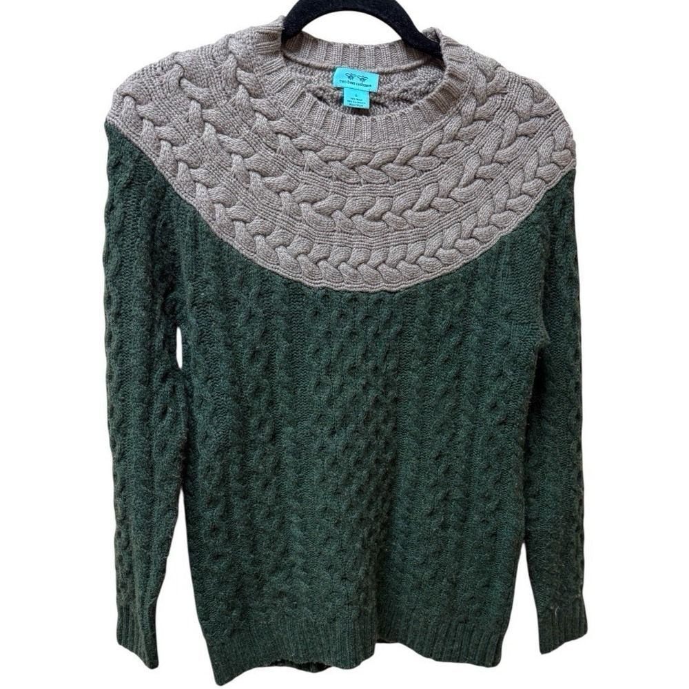 Two Bees Cashmere Chunky Colorblock Wool Cashmere Sweater Gray Olive Sz S